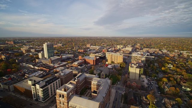 Ann Arbor Michigan Aerial v28 Traveling wide panoramic downtown cityscape view at sunrise - October 2017