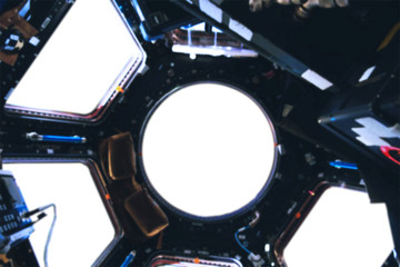 View through the observation deck and window of the spacecraft with white spots on the glass place. Isolated spacecraft window frame on white background. Elements of this image were furnished by NASA.