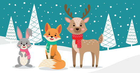 Merry Christmas and Happy New Year! Vector illustration of cute winter cartoon animals including rabbit, fox and reindeer. For the winter holidays for a card, background or poster.