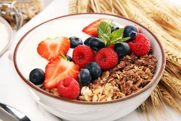 Tasty homemade granola served on table. Healthy breakfast with a bowl of oatmeal with banana, blueberries, strawberries and healthy food for Breakfast