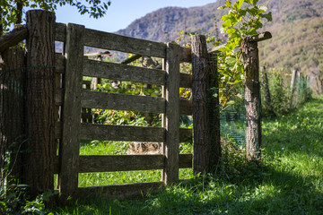 Old wooden gate fence entrance to a garden with mountains in the background