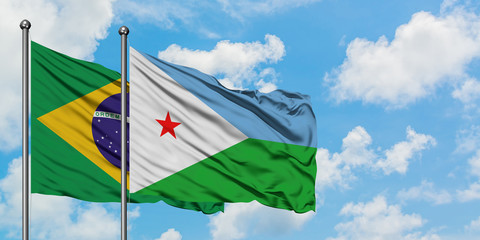 Brazil and Djibouti flag waving in the wind against white cloudy blue sky together. Diplomacy concept, international relations.