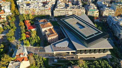 Aerial birds eye view photo taken by drone of new modern Acropolis museum, Athens, Attica, Greece