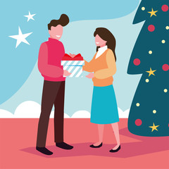 scene of couple with christmas tree and gift