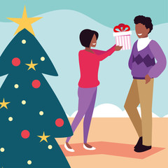 scene of couple with christmas tree and gift