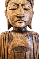 Fototapeta na wymiar Buddha Wooden statue holding lotus flower