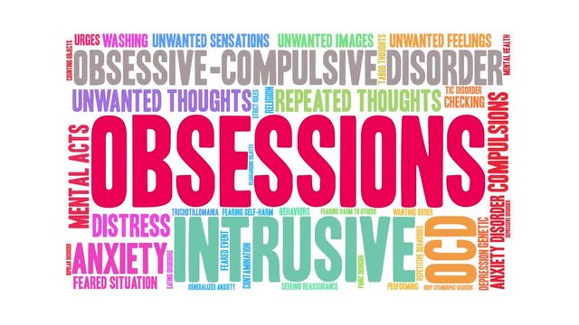 Obsessions animated word cloud on a white background. 