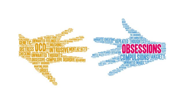 Obsessions animated word cloud on a white background. 