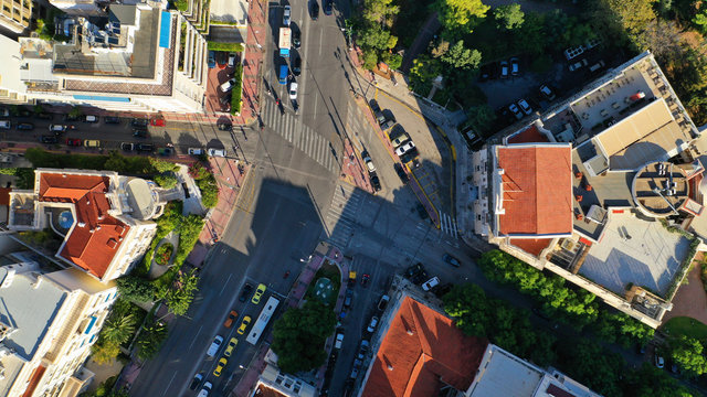 Aerial drone photo of Byzantine And Christian Museum next to archaeological site of the Lyceum of Aristotle in the heart of Athens, Attica, Greece - Powered by Adobe