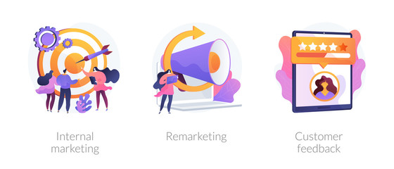 Advertising business models, retargeting strategy, rating system icons set. Internal marketing, remarketing, customer feedback metaphors. Vector isolated concept metaphor illustrations