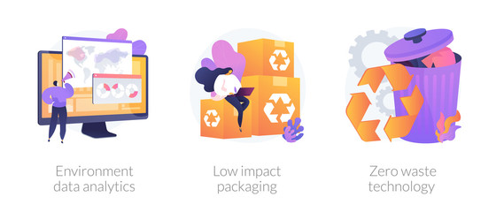 Ecology study and monitoring, sustainable packing, garbage recycling. Environment data analytics, low impact packaging, zero waste technology metaphors. Vector isolated concept metaphor illustrations