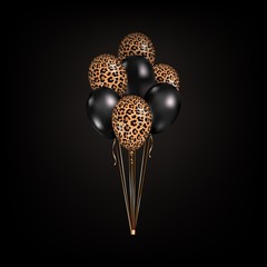 Vector 3d realistic black and leopard print skin balloons isolated on black background. Bunch of colorful party balloons for event design, birthday, anniversary, celebration, carnival. © Olga