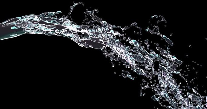 Clear water pouring slow motion animation. Liquid drops and splashes twirl realistic 3d footage. Transparent liquid flowing isolated on black background. Fluid vortex streaming dynamic video