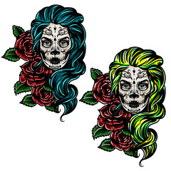 Vector hand drawn colorful tattoo illustration of skull girl with roses. Skull sugar flower. Skull tattoo isolated on white.Day Of The Dead Skull.