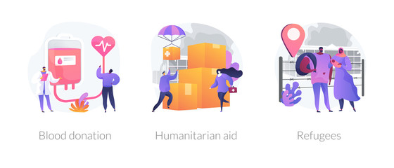 Medical volunteer assistance, charity activities and community service works icons set. Blood donation, humanitarian aid, refugees metaphors. Vector isolated concept metaphor illustrations