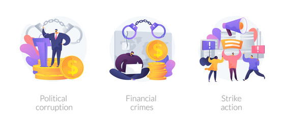 Dishonest government, money laundering, social demonstration icons set. Political corruption, financial crimes, strike action metaphors. Vector isolated concept metaphor illustrations