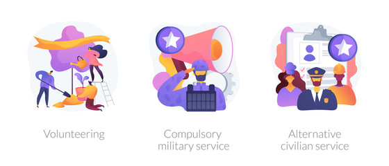Voluntary work, country protection, employment industry icons set. Volunteering, compulsory military service, alternative civilian service metaphors. Vector isolated concept metaphor illustrations