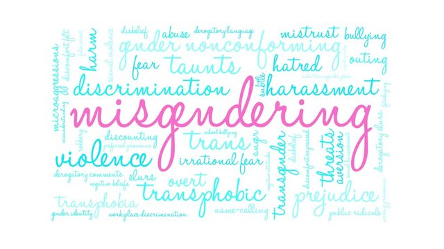 Misgendering Animated word cloud on a white background. 
