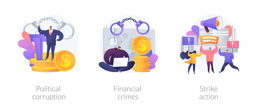 Dishonest government, money laundering, social demonstration icons set. Political corruption, financial crimes, strike action metaphors. Vector isolated concept metaphor illustrations