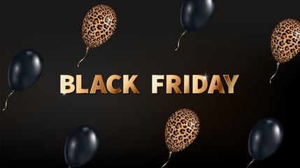 Vector banner Black Friday with 3d realistic fashion balloons on black background. Golden text, black and leopard skin colors balloons. Ready design for Black Friday, Sale, offers, header website. © Olga