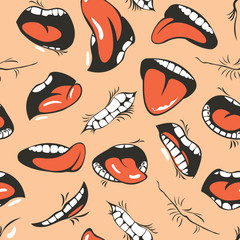 Vector seamless pattern with human mouths, tongue and teeth on a beige background. Emoticons of cartoon mouths with various emotions-smiling, sad, surprised, shocked. Wallpaper, wrapping paper, fabric