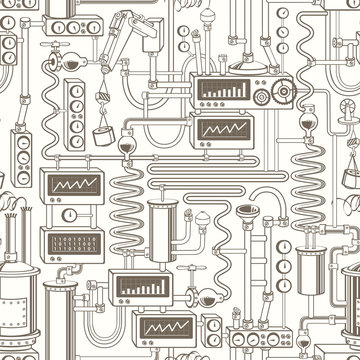Vector seamless pattern on industrial theme with various production equipment, appliances, devices, sensors, mechanisms and pipes in retro style. Suitable for wallpaper, wrapping paper, fabric