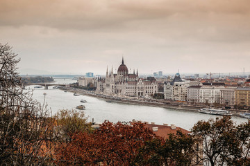 Beautiful Autumn weather in Budapest, Hungary - cityscape with a view over Danube River and Hungarian Parliamen