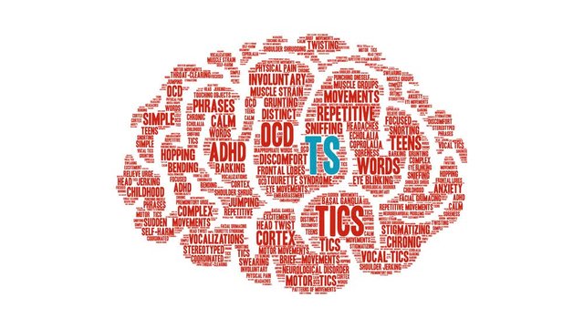 TS Tourette Syndrome Brain animated word cloud on a white background. 