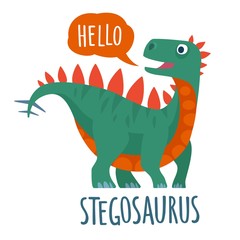 Dinosaur speak Hello. Vector colorful flat icon. Lettering stegosaurus.