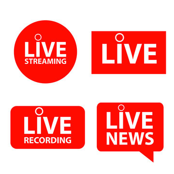 Set of live streaming icon. Red button live web tv online broadcasting. Online stream template, Isolated on white background. Vector illustration for show performance, video, logo. Play media news tag