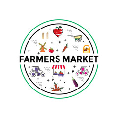 Farmer's market banner. Local farming. Eco, fresh products, certified logo marks for organic farming, food stores, healthy fresh products. Design illustration of agricultural background