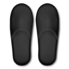 3D Vector Realistic Black Detailed Blank Hotel Slippers Icon Closeup Isolated on White Background. Design Template of Home, Bath Soft Slippers for Mock Up. Comfortable Footwear Concept. Top View