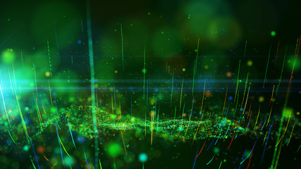 Abstract background shining green and colorful dust particles glow, wave and grow up movement. 3D...