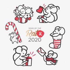 Vector collection of 2020 Chinese New Year simbol. Mouse, Rat horoscope sign. Set of Cute holiday themed Mice in different situations.