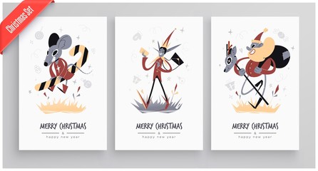 New Year 2020 And Christmas Greeting Card collection. Cute holiday themed Characters and situations