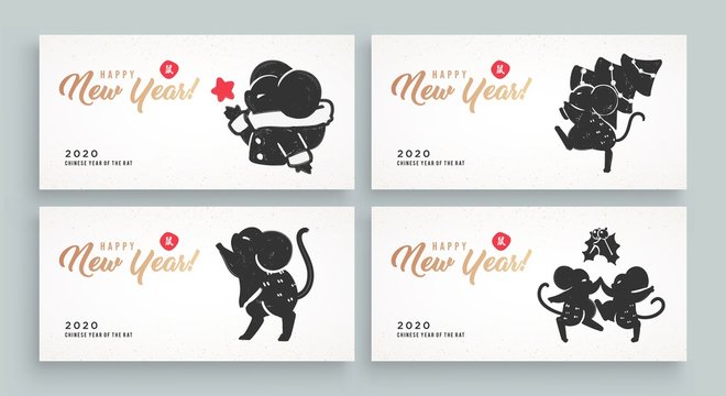 Vector collection of Greeting cards with 2020 Chinese New Year simbol - Mouse, Rat. Vector Illustration