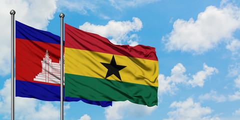 Cambodia and Ghana flag waving in the wind against white cloudy blue sky together. Diplomacy concept, international relations.