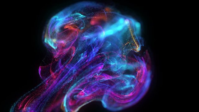4k. Fluid abstract. Slow motion.  Liquid glowing neon particles. Particle cloud. Black backround. 3840x2160