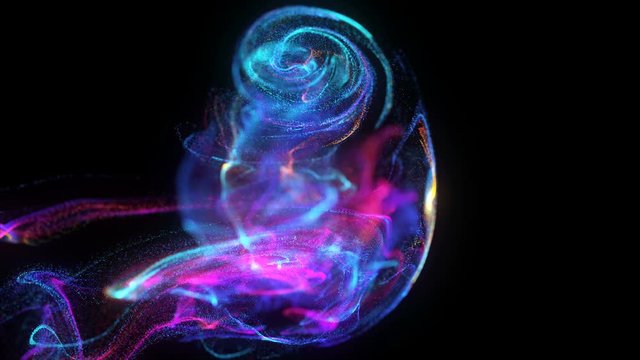 4k. Fluid abstract. Slow motion.  Liquid glowing neon particles. Particle cloud. Black backround. 3840x2160