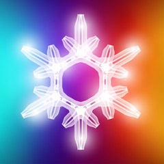 Vector crystal beautiful snowflake on colorful background. Winter holiday abstract template can be used for banner or invitation. Merry Christmas or Happy New Year shiny geometric element wow effect.