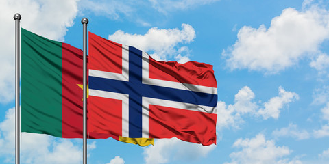 Cameroon and Bouvet Islands flag waving in the wind against white cloudy blue sky together. Diplomacy concept, international relations.
