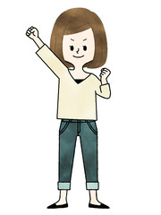 女性-ガッツポーズ-やる気・笑顔-水彩