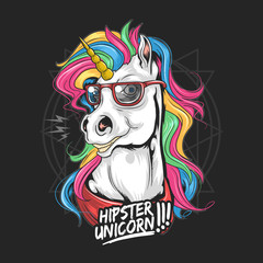 UNICORN HIPSTER USE GLASSES RAINBOW HAIR FULL COLOUR VERY CUTE FACE ARTWORK EDITABLE LAYERS VECTOR