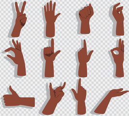 Set of hands showing different gestures isolated on a white background. Vector flat illustration of female and male hands