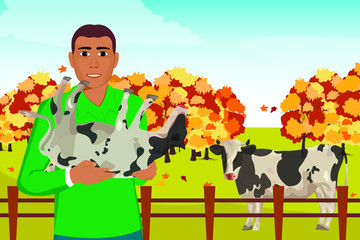 Black African American with a newborn calf in his arms on the background of the farm. Autumn landscape.  Vector illustration