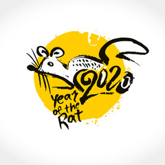 Year of the Rat 2020. Handwritten template with the inscription 2020 and Rat on a background of yellow round stamp. Imitation of painting with brush. New Year on the Chinese calendar.