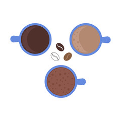 Coffee cups top view set on white background and three kinds of coffee beans. Vector illustration