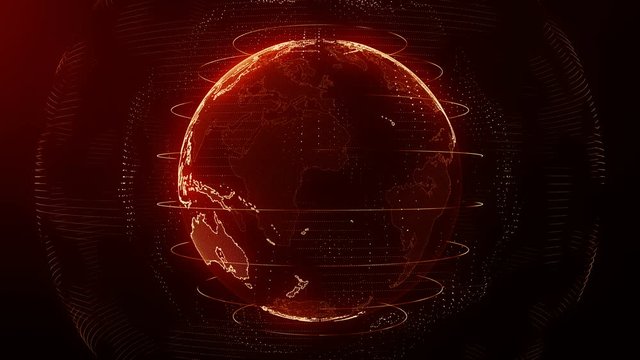 Futuristic red digital Earth seamless loop. Global data network around planet in modern age. Worldwide internet and blockchain. Technology, connectivity, science and business concept 3D animation