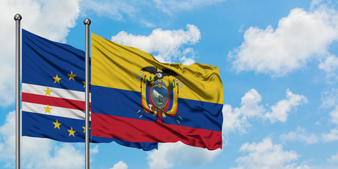 Cape Verde and Ecuador flag waving in the wind against white cloudy blue sky together. Diplomacy concept, international relations.