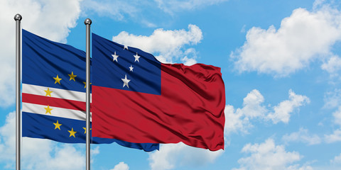 Cape Verde and Samoa flag waving in the wind against white cloudy blue sky together. Diplomacy concept, international relations.